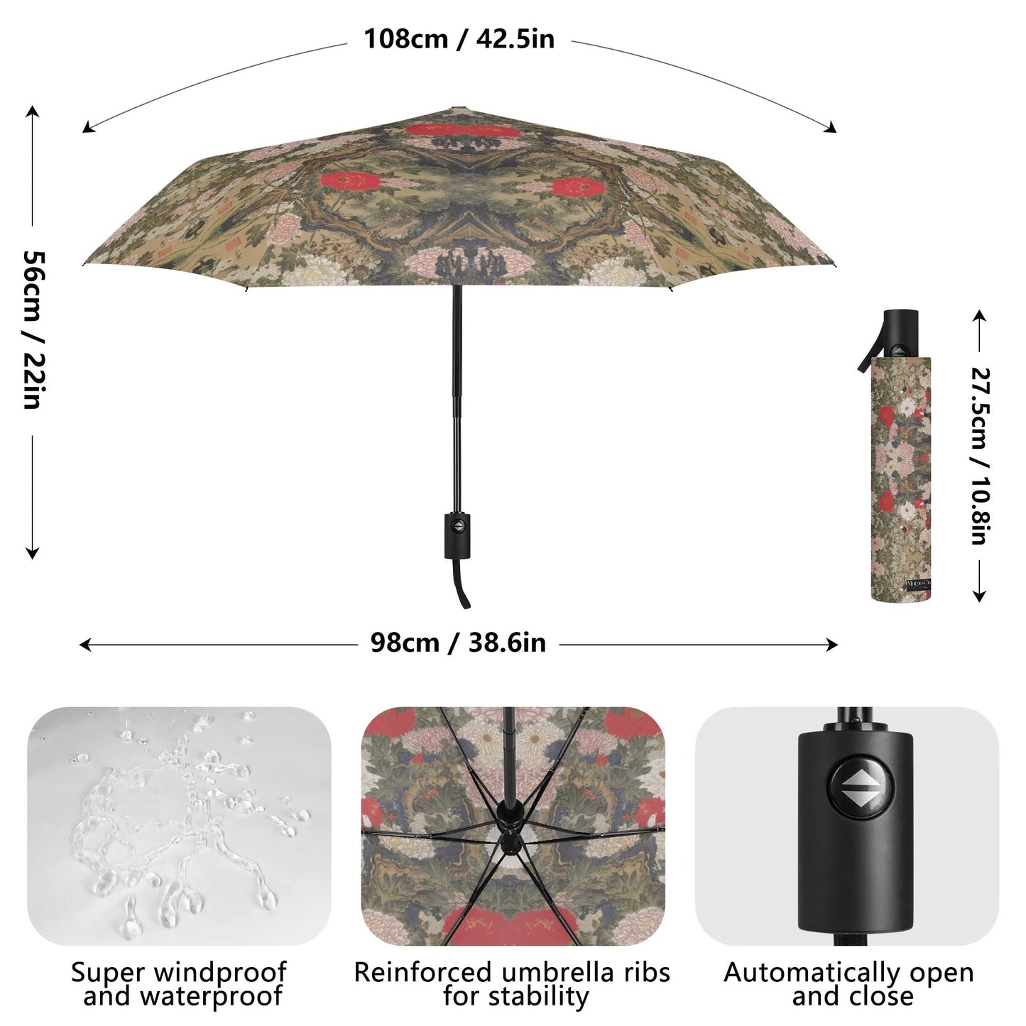 Where Flowers Whisper — Art Umbrella Inspired by Peonies and Birds by Ito Jakuchu (1765) – UV & Rain Protection