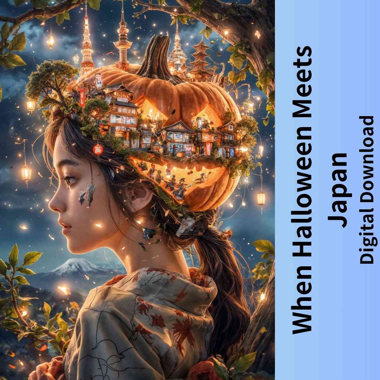 Welcome Halloween in Japan | Japanese Fantasy Art | Pumpkin City Illustration | Digital Download | Halloween Wall Decor(A0 / 300dpi JPEG)