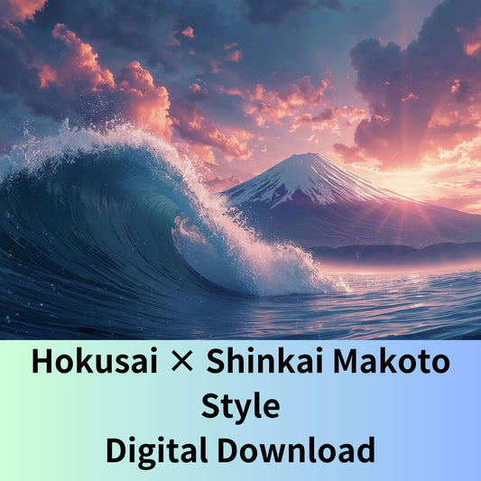 Great Wave off Kanagawa | Shinkai Makoto Inspired Sky & Light | Digital Art Download Set with Hokusai Original