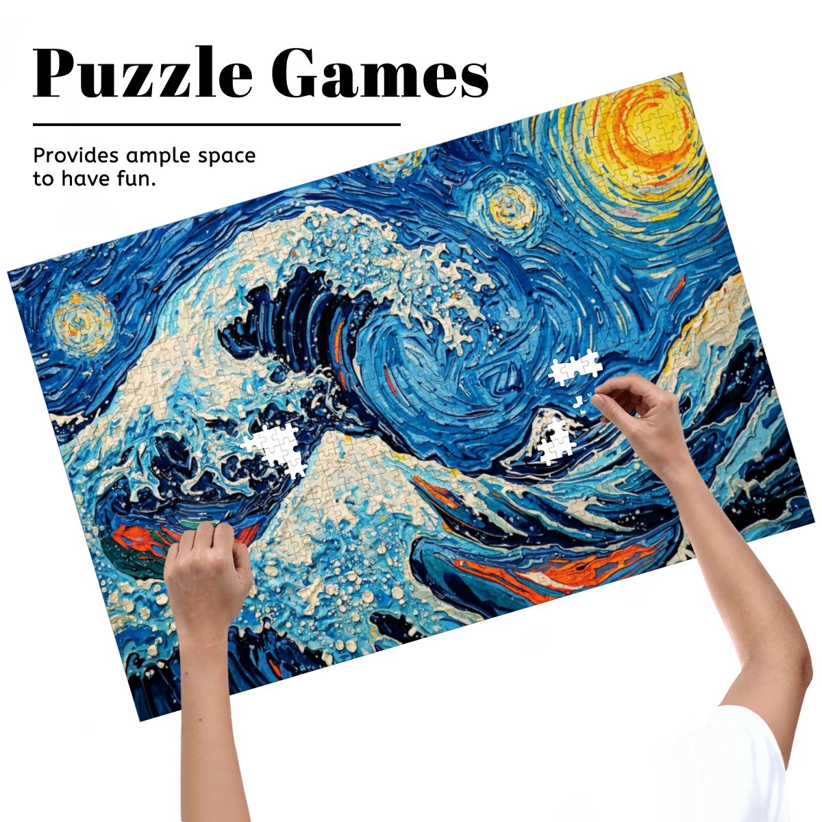 Wooden Jigsaw Puzzles 1000 pcs-Hokusai × Gogh - When the Great Wave Meets the Sunflower