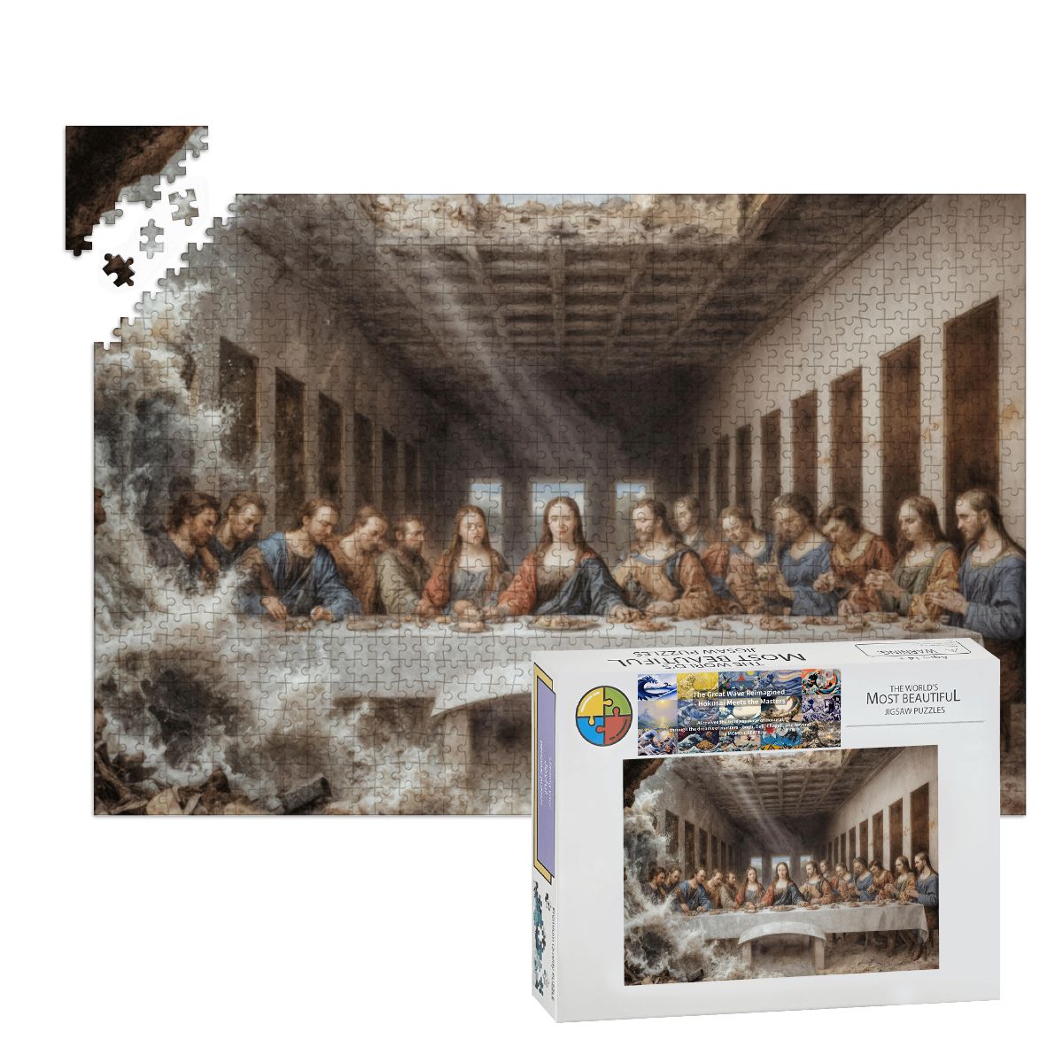 Wooden Jigsaw Puzzles 1000 pcs - Hokusai × Da Vinci – The Last Wave with Mona Lisa Print