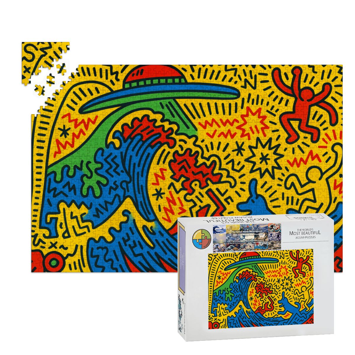Wooden Jigsaw Puzzles 1000 pcs - Hokusai × Haring – The Pop Wave from Outer Space