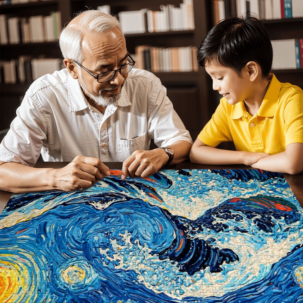 Wooden Jigsaw Puzzles 1000 pcs-Hokusai × Gogh - When the Great Wave Meets the Sunflower