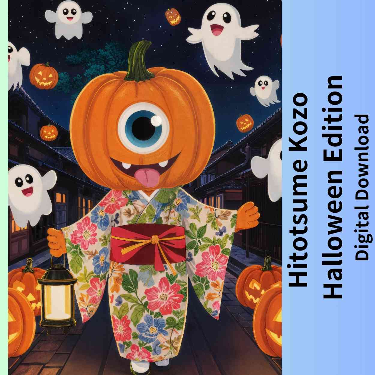 Hitotsume Kozo Halloween Version | Japanese Yokai Art | Cute Pumpkin Ghost Poster | Digital Download| Halloween Wall Decor(A0 / 300dpi JPEG)