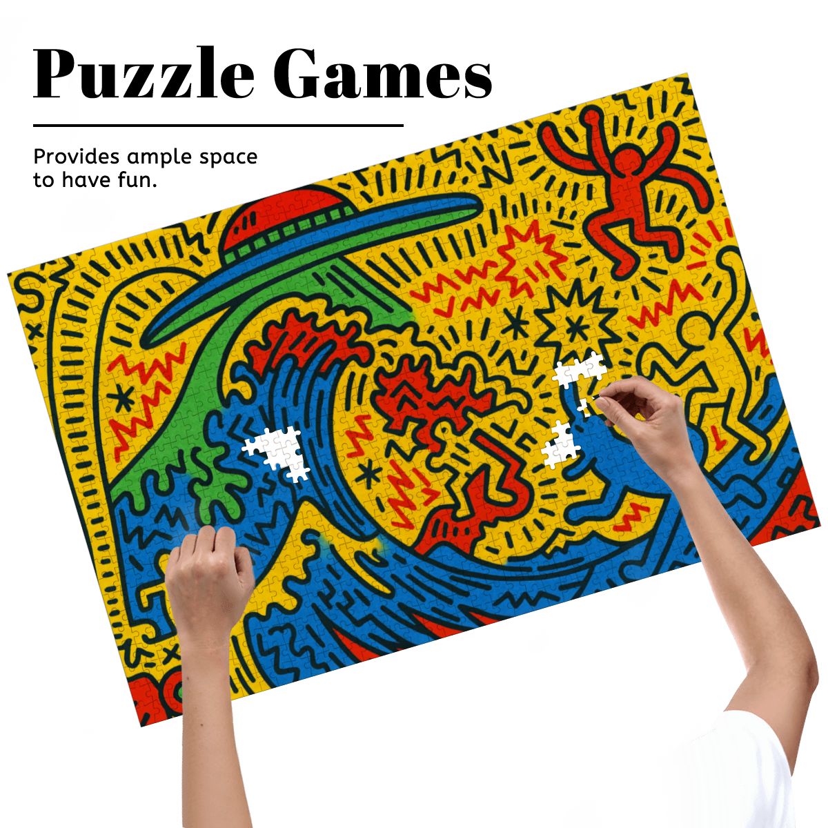 Wooden Jigsaw Puzzles 1000 pcs - Hokusai × Haring – The Pop Wave from Outer Space