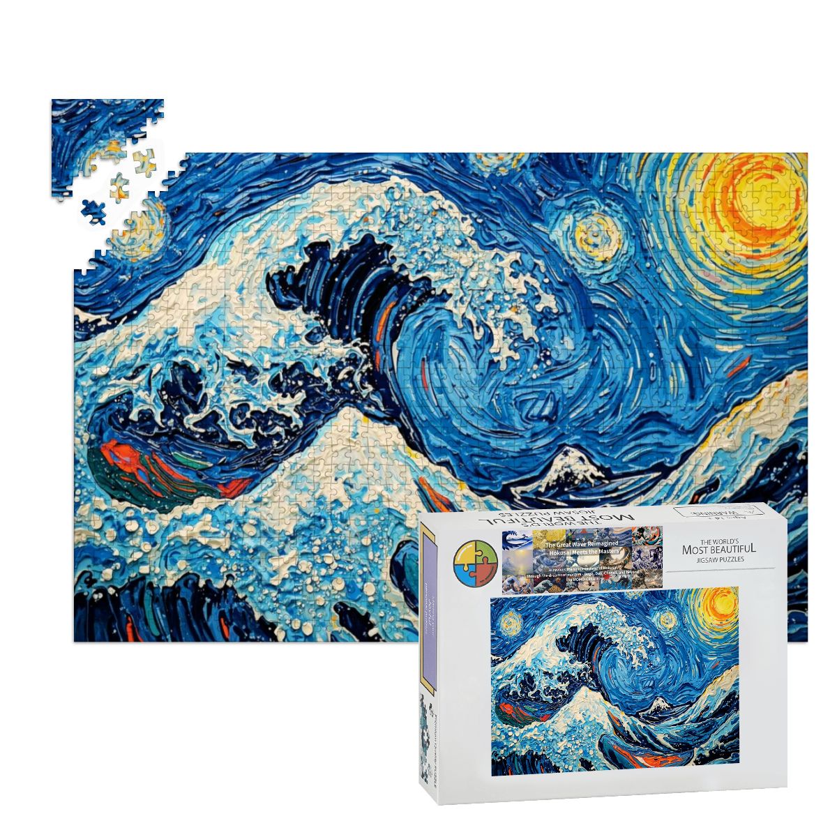Wooden Jigsaw Puzzles 1000 pcs-Hokusai × Gogh - When the Great Wave Meets the Sunflower